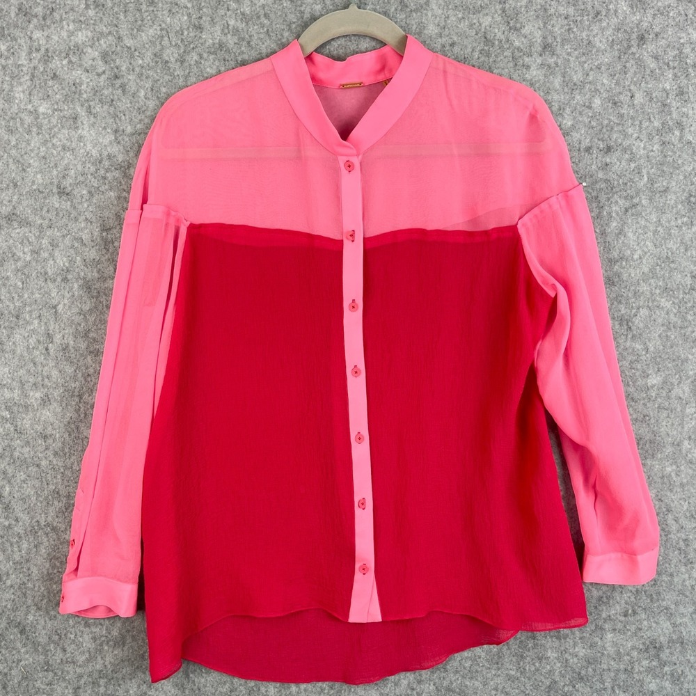 Elie Tahari Silk Top Womens Large Pink Red Colorblock Button Up Crinkle Sheer